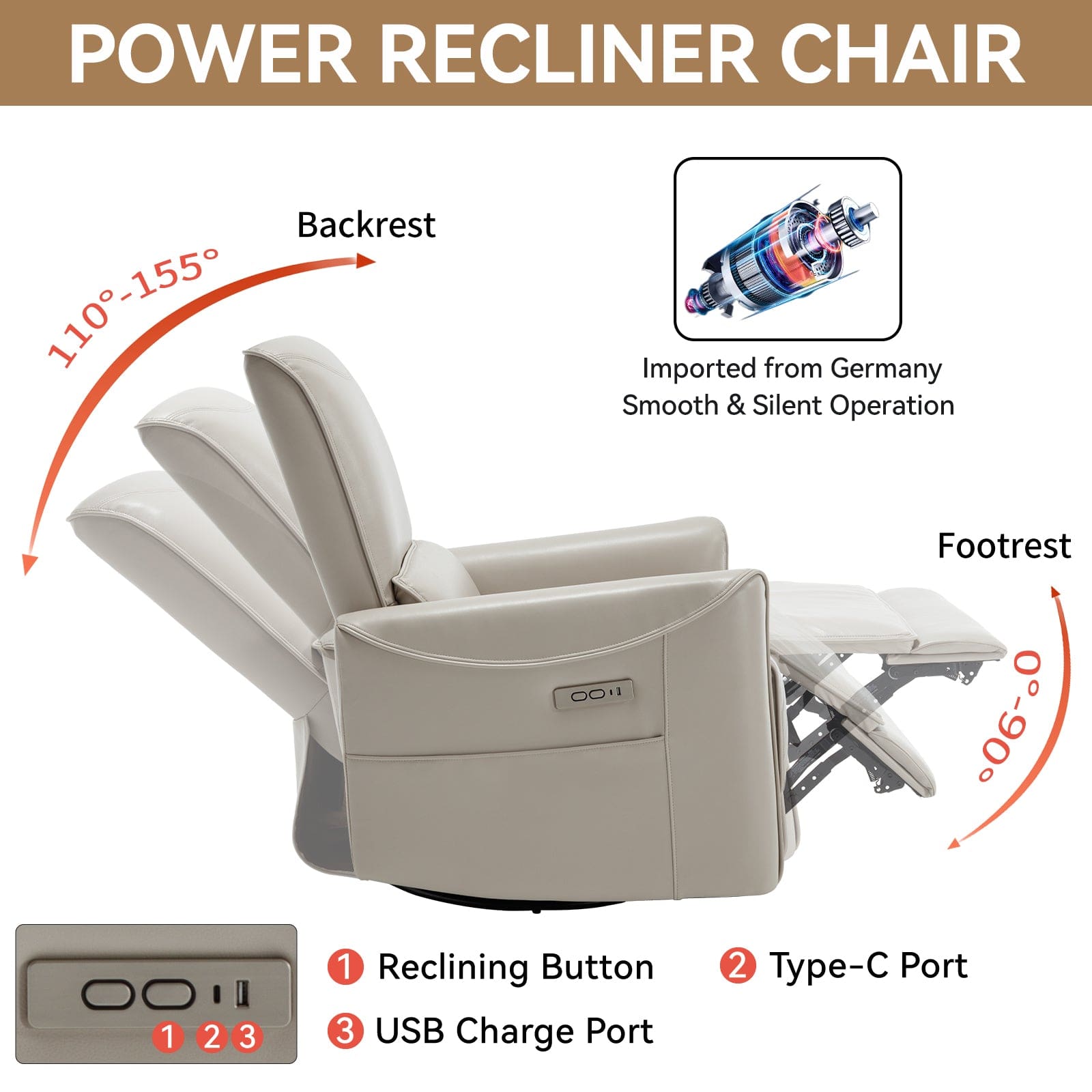 Beige Grey Leatheraire Swivel & Rocker Power Recliner Chair with USB & Type-C Ports - Ultimate Comfort for Holiday Gatherings | Cozy Cove Furniture