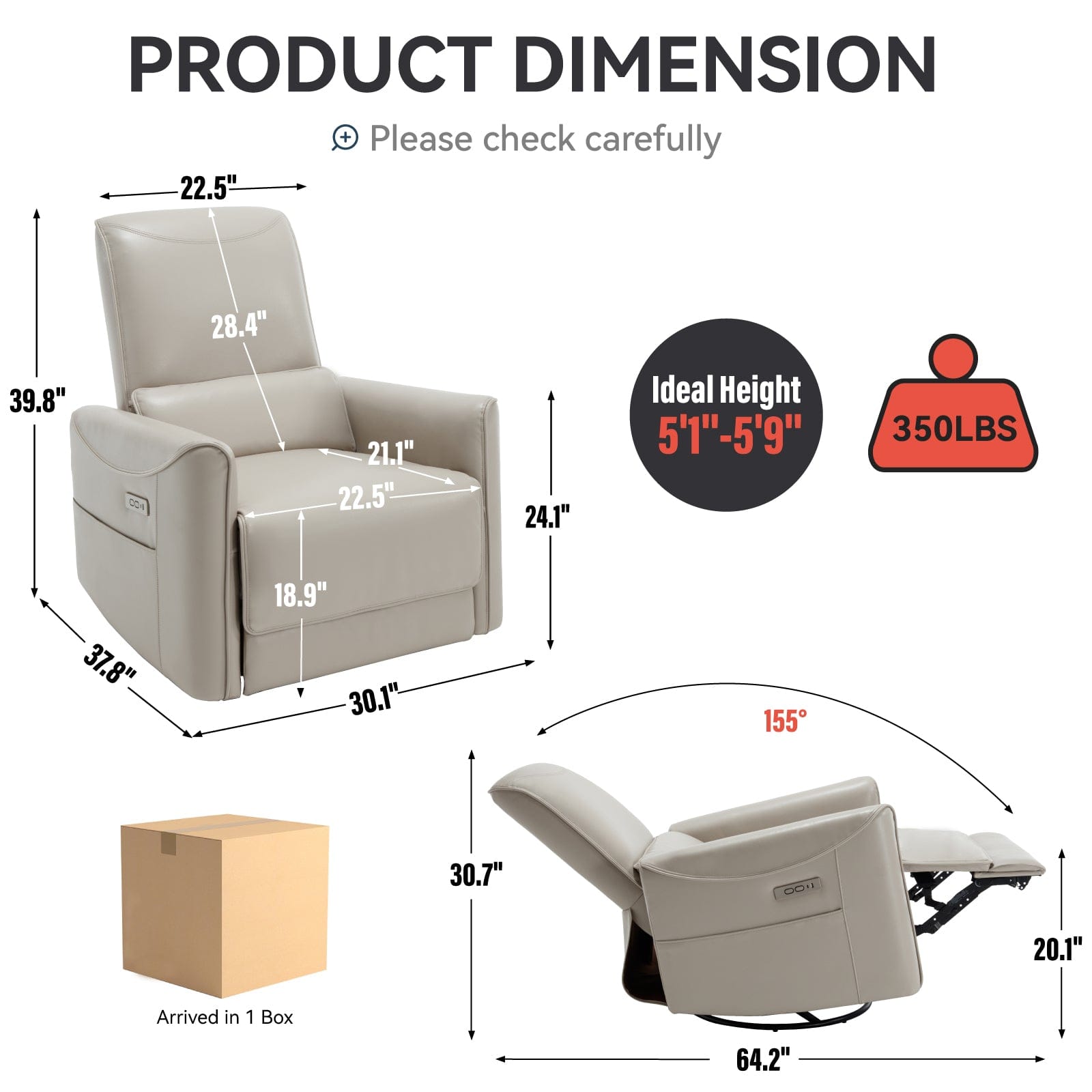 Beige Grey Leatheraire Swivel & Rocker Power Recliner Chair with USB & Type-C Ports - Ultimate Comfort for Holiday Gatherings | Cozy Cove Furniture
