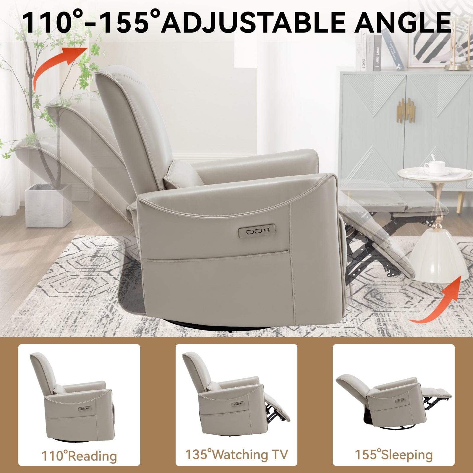 Beige Grey Leatheraire Swivel & Rocker Power Recliner Chair with USB & Type-C Ports - Ultimate Comfort for Holiday Gatherings | Cozy Cove Furniture