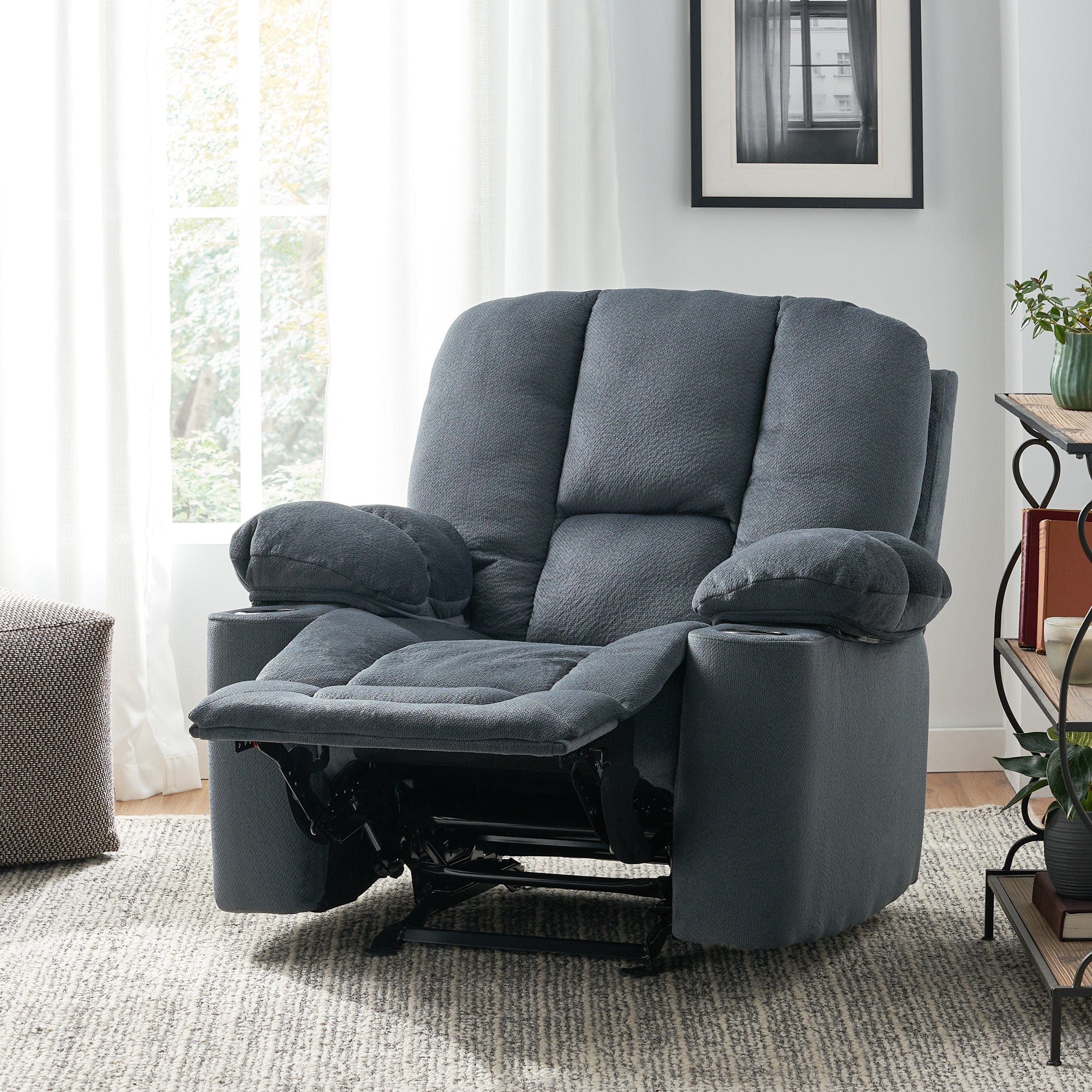 Luxurious Manual Recliner Chair in Silver with Skin-Friendly Fabric and Dual Cup Holders | Cozy Cove Furniture