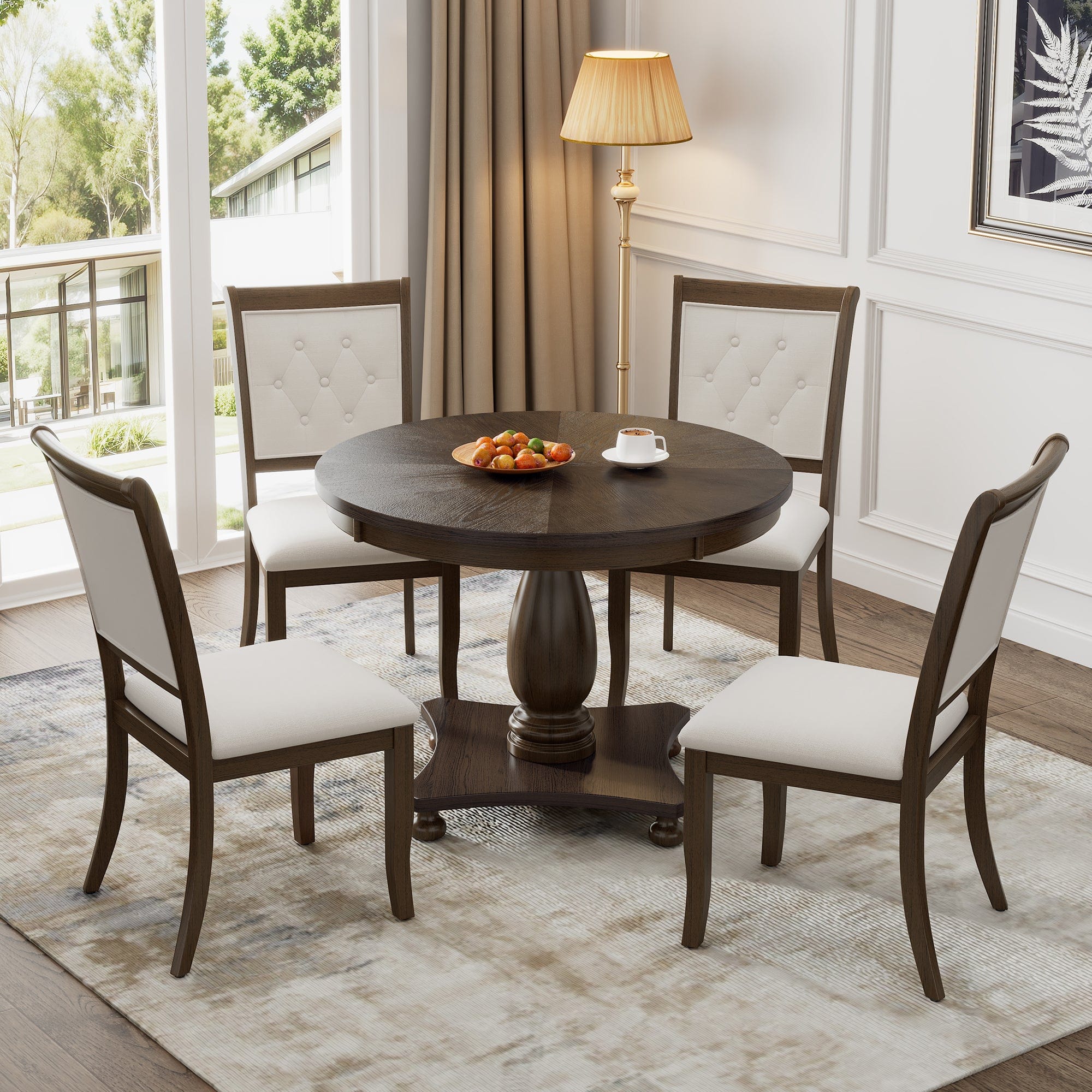 5-Piece Vintage Dining Set – Round Pedestal Table with Upholstered Chairs | Cozy Cove Furniture | ST000121AAP