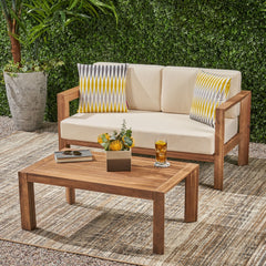 Genser Acacia Wood Loveseat & Coffee Table Set with Water-Resistant Cushions | Cozy Cove Furniture