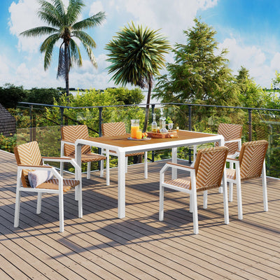 7-Piece Outdoor Dining Set with Acacia Wood Table & Rattan Chairs - Weather Resistant & UV-Protected