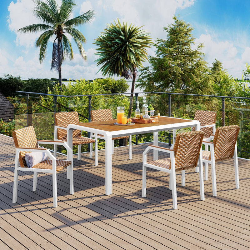 7-Piece Outdoor Dining Set with Acacia Wood Table & Rattan Chairs - Weather Resistant & UV-Protected