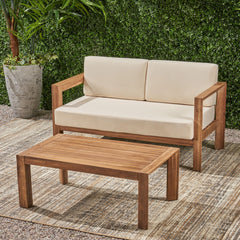 Genser Acacia Wood Loveseat & Coffee Table Set with Water-Resistant Cushions | Cozy Cove Furniture