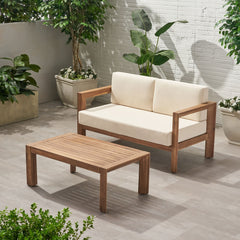 Genser Acacia Wood Loveseat & Coffee Table Set with Water-Resistant Cushions | Cozy Cove Furniture