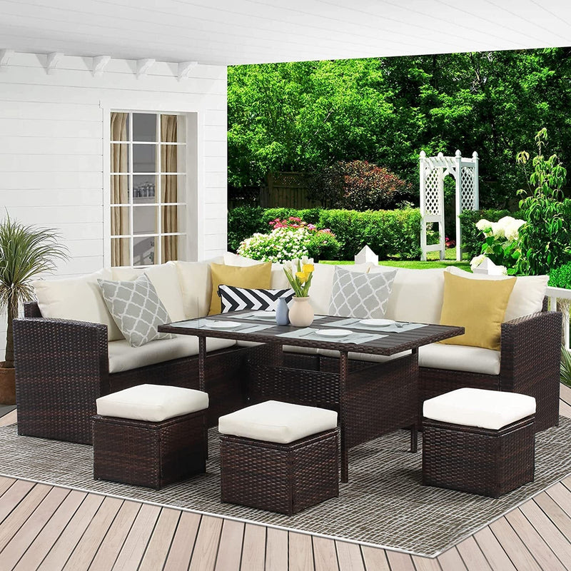 7-Piece Rattan Wicker Patio Dining Sofa Set - Family-Friendly Design | Cozy Cove Furniture