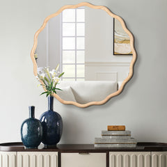 Wavy Solid Wood Mirror – Natural Wood Vanity Wall Decor (36” x 36”) | Cozy Cove Furniture |  W1445P189556