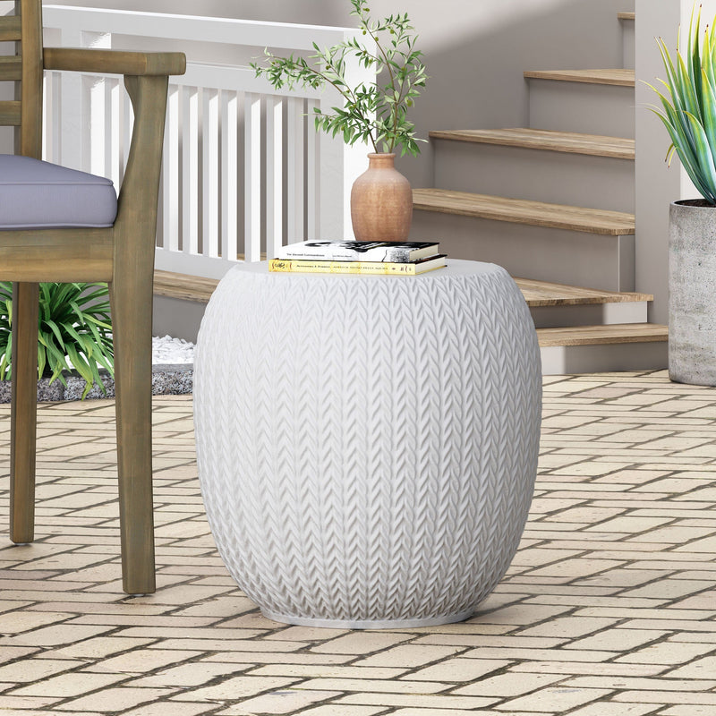 Outdoor Lightweight Concrete Side Table with Braided Pattern in Antique White | Cozy Cove Furniture