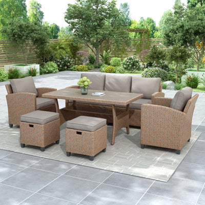 Harbor Haven 6-Piece Outdoor Rattan Patio Set with Weather-Resistant Frame and Gray Cushions – Seats 7
