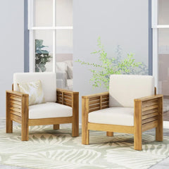 Set of 2 Outdoor Acacia Wood Club Chairs with Cushions | Cozy Cove Furniture