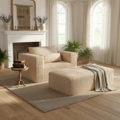 Haven Plush Modular Lounge Chair & Ottoman – Ribbed Corduroy in Sandstone