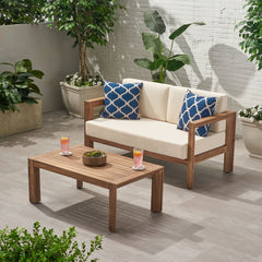 Genser Acacia Wood Loveseat & Coffee Table Set with Water-Resistant Cushions | Cozy Cove Furniture