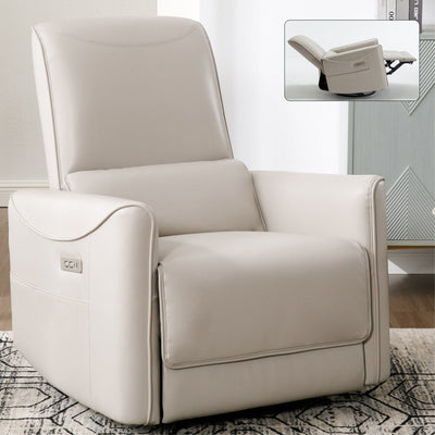 Beige Grey Leatheraire Swivel and Rocker Power Recliner Chair with USB & Type-C Ports | Cozy Cove Furniture