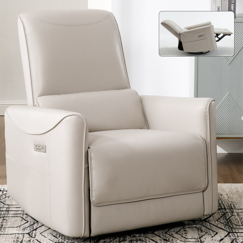 Beige Grey Leatheraire Swivel & Rocker Power Recliner Chair with USB & Type-C Ports - Ultimate Comfort for Holiday Gatherings | Cozy Cove Furniture