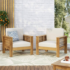 Set of 2 Outdoor Acacia Wood Club Chairs with Cushions | Cozy Cove Furniture